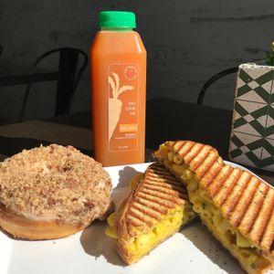 Grilled Mac & Cheese, Lousy Hunters Doughnut, Sunrise Juice at Pure Juicery Bar in Cary