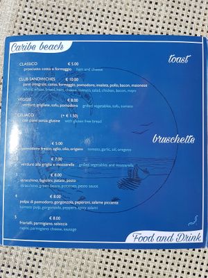 Lunch menu - toast and bruschette at Caribe Beach Food & Drink in Finale Ligure