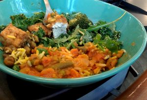 Fried tofu, indian curry, rice, and greens - all from the salad and hot bar at Whole Foods Market - Westlake in Seattle