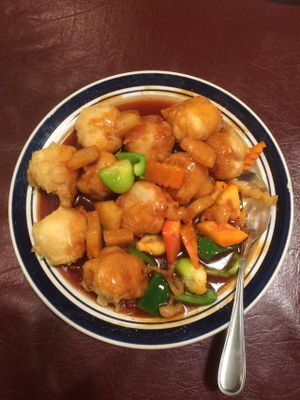 Menu item # 20. Sweet and Sour Veggie Ribs. $8.95. Chinese long bread stuffed with taro root, deep fried with batter. Topped with vegetables (nearly raw red peppers, nearly raw green peppers, nearly raw carrots, pineapple pieces), sweet & sour sauce. at Affinity Vegetarian Garden in Winnipeg