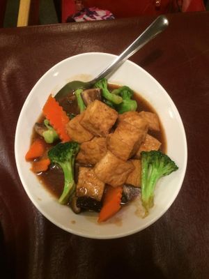 Menu Item # 37. Tofu with Satay Sauce. $9.50. Different sauce than Eight Treasure Tofu (garden sauce). at Affinity Vegetarian Garden in Winnipeg