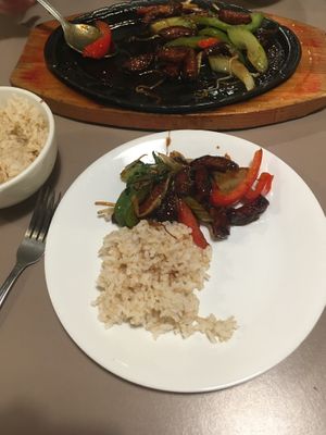 Sizzling mushrooms with brown rice  at Affinity Vegetarian Garden in Winnipeg