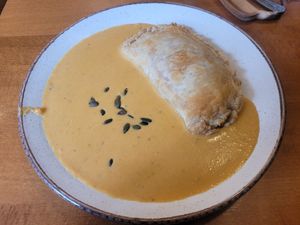 Roast Pumpkin, Coconut, & Ginger Soup and Hummus, Red Pepper, Tomato & Spinach Pasty at Domu in Bangor