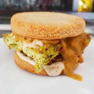 Beyond Sausage x Hemp Omelette Biscuit Breakfast Sandwich at Celest Cafe in Seattle