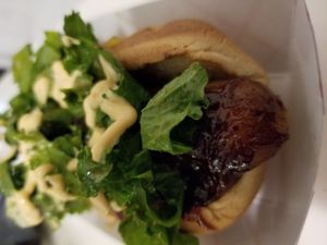 Amazing vegan BBQ hot dog. Delicious!!! I want another one! :) at Vegan Love in New York City