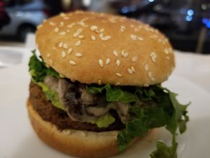 Mushroom Burger. Delish! Tastes like a real burger. So good! :) at Vegan Love in New York City
