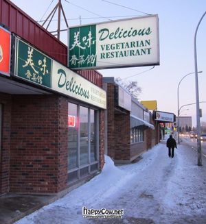 View from sidewalk at Delicious Vegetarian Restaurant in Winnipeg