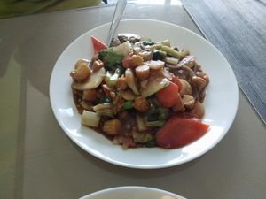 Mixed vegetable dish in a black bean sauce at Delicious Vegetarian Restaurant in Winnipeg