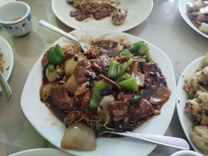 Vegetarian beef with mixed vegetables chow mein in a black bean sauce at Delicious Vegetarian Restaurant in Winnipeg