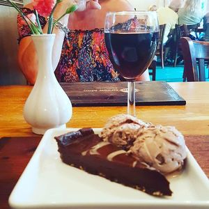 A really delicious chocolate and coconut tart with chocolate and hazelnut ice cream at Green Man in Colne