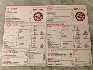 Menu at Macchina Pasta Bar in Barcelona