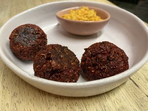 Beetroot falafel & carrot hummus   at Lexi's Healthy Eatery in Rosebank