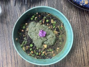 Yummy black rice risotto with broccoli mousse  at Lexi's Healthy Eatery in Rosebank