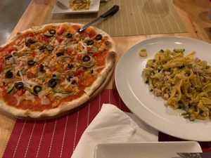 Vegan cheese pizza and vegan pasta carbonara at Pasta Corner in Chiang Mai