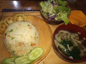 Fried rice and mushroom soup at Cafe HOC in Battambang