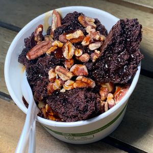 Brownie Turtle Sundae (Small): One Scoop of Coconut Milk-Based Vanilla Ice Cream, Brownies, Caramel Sauce,  Chocolate Sauce, Toasted Pecans (Grand Rapids Vegan Chef Challenge 9/25) at Furniture City Creamery in Grand Rapids