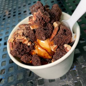 Brownie Turtle Sundae (Medium): Two Scoops of Coconut Milk-Based Vanilla Ice Cream, Brownies, Caramel Sauce, Chocolate Sauce, Toasted Pecans (Vegan Chef Challenge 9/25) at Furniture City Creamery in Grand Rapids