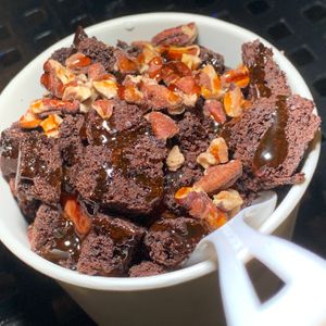 Brownie Turtle Sundae (Medium): Coconut Milk Vanilla Ice Cream, Brownies, Caramel & Chocolate Sauce, Pecans (Vegan Chef Challenge 9/25) at Furniture City Creamery in Grand Rapids
