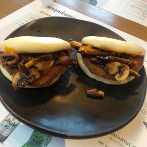 A must try! On vegan menu- mixed mushrooms and panco aubergine hirita steam buns  at Wagamama in Swindon