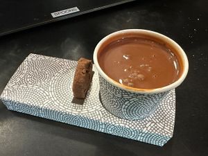 Hot drinking chocolate (biscuit not vegan)  at Dandelion Chocolate in San Francisco