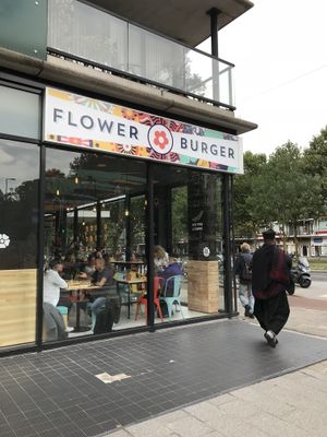 On the corner of the street near shopping centrum at Flower Burger in Rotterdam
