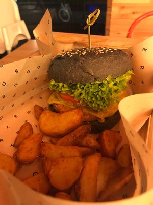 Chickpea cheesy burger + fries + magic sauce   at Flower Burger in Rotterdam