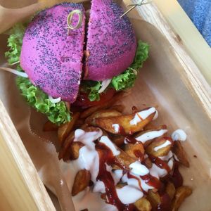 Cherry bomb burger with patatas bravas 🍔🍟💕 at Flower Burger in Rotterdam