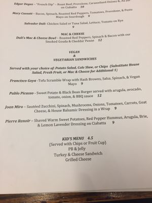 Menu at Starving Artist Cafe in Norfolk