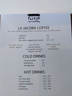 Drinks menu at Paseyo in Mullumbimby