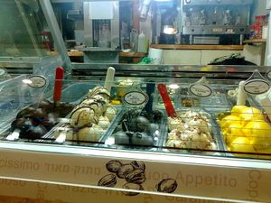Mango Sorbet, Almonds (Almond-based) Ice-Cream and Oreo Cookies, Snickers Snack and Chocolate Soy-based Ice-Creams. at Grande Italia in Rehovot