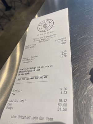 Receipt   at Chipotle in Daytona Beach