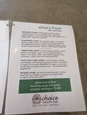 menu at Choice Health Bar in Paia
