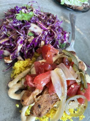 Taro burger loco moco with amazing Asian cabbage slaw.  at Choice Health Bar in Paia
