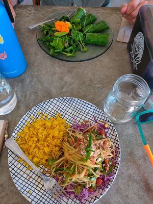 Wildflower tacos and green papaya + golden rice at Choice Health Bar in Paia