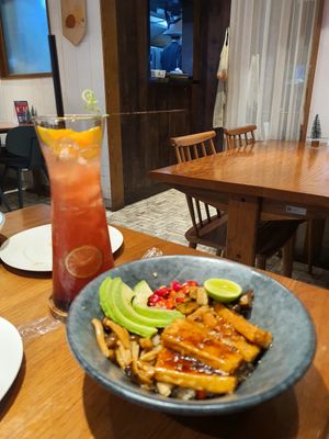 Tofu Teriyaki Black Olive Fried Rice , Love Rosie (lychee, rose & Sunkist orange) at On the Table in Bangkok