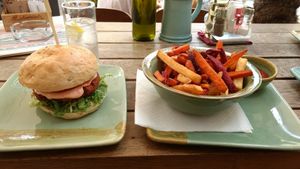 Vegan burger and tricolore fries at King's Caffe in Malinska