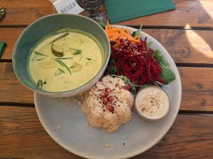 Curry with brown rice & salad at My Secret Garden Cafe in Vienna