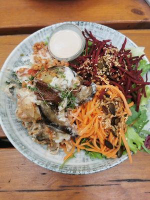 Vegan Moussaka with a side salad at My Secret Garden Cafe in Vienna