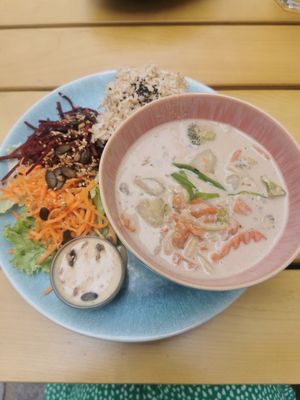 Vegan Peanut Curry with Rice and Side Salad at My Secret Garden Cafe in Vienna