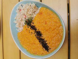 Red lentil dal with rice at My Secret Garden Cafe in Vienna