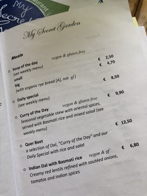 Menu at My Secret Garden Cafe in Vienna