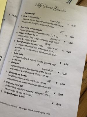 Menu at My Secret Garden Cafe in Vienna