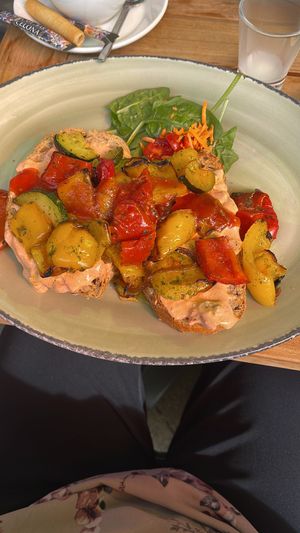 Grilled vegetables on fresh rye bread with vegan aioli underneath   at Café & Bar Celona - Wandsbek in Hamburg
