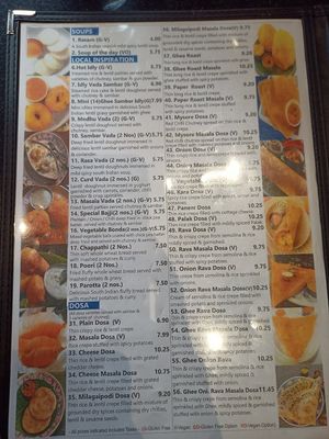 Menu at Saravana Bhavan in Brussels