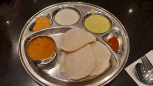 Iddly with sambar and chutneys at Saravana Bhavan in Brussels