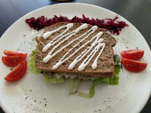 Delicious sandwich filled with chickpea tuna. Perfect. at bistro ZDRAVO in Sarajevo