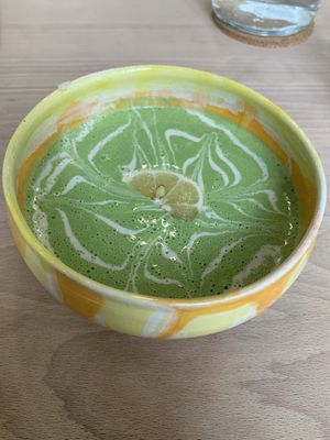 Spinach soup. Blended in the vitamix blender. The garlic in the soup makes it so tasty. This is a raw soup though. It comes warm. Amazing! at bistro ZDRAVO in Sarajevo