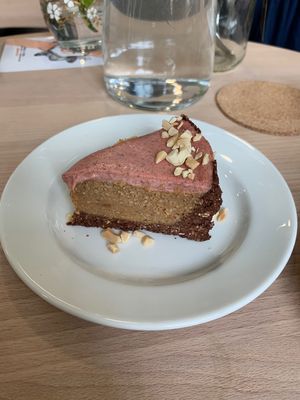 Cacao bottom, peanut butter, and strawberry on top. Amazing!  at bistro ZDRAVO in Sarajevo