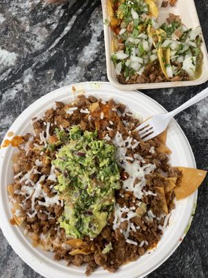 Asada loaded nachos with vegan cheese and asada + al pastor tacos  at Borreguitas in Pomona