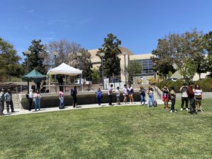 Long Line for Students to Try Vegan Food at First Sustainability Fair at CPP  at Borreguitas in Pomona
